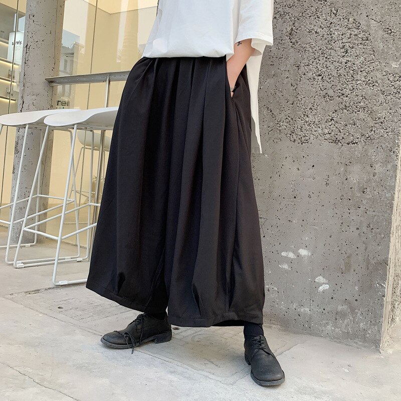 Calças de samurai japonês masculino solto ajuste pantskirt perna larga calças de cintura elástica preto