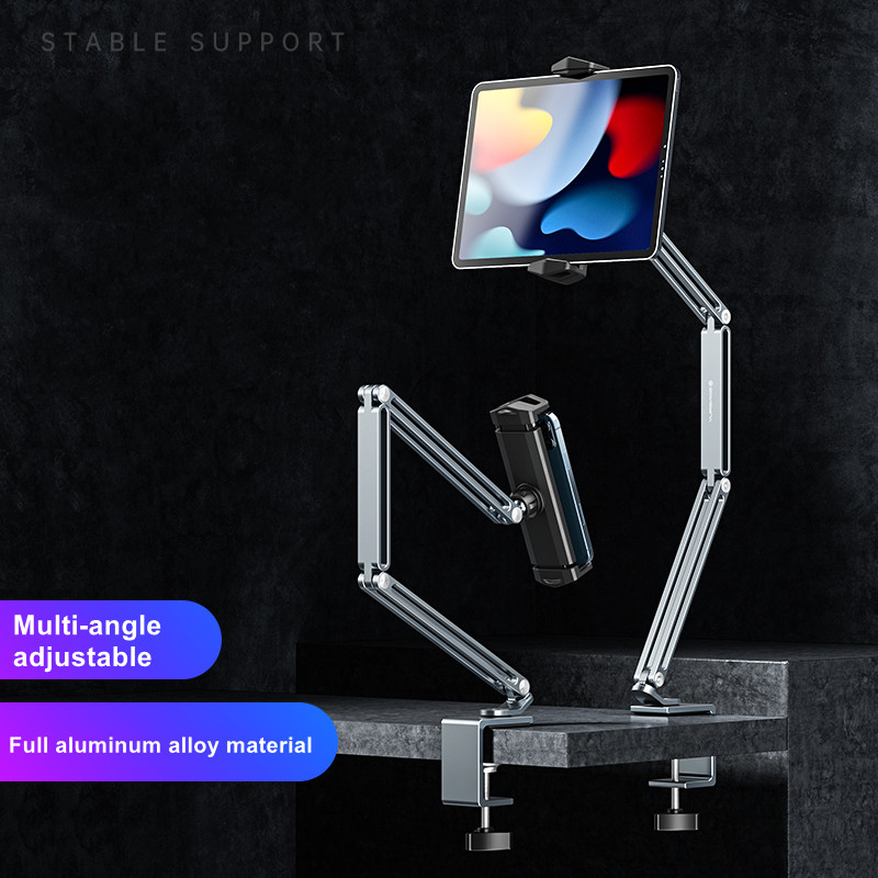 Desktop Adjustable Long Arm Foldable Tablet Stand Aluminum Cell Phone Holder Multi-angle Rotation 4-13'' Bed Table iPad Stand