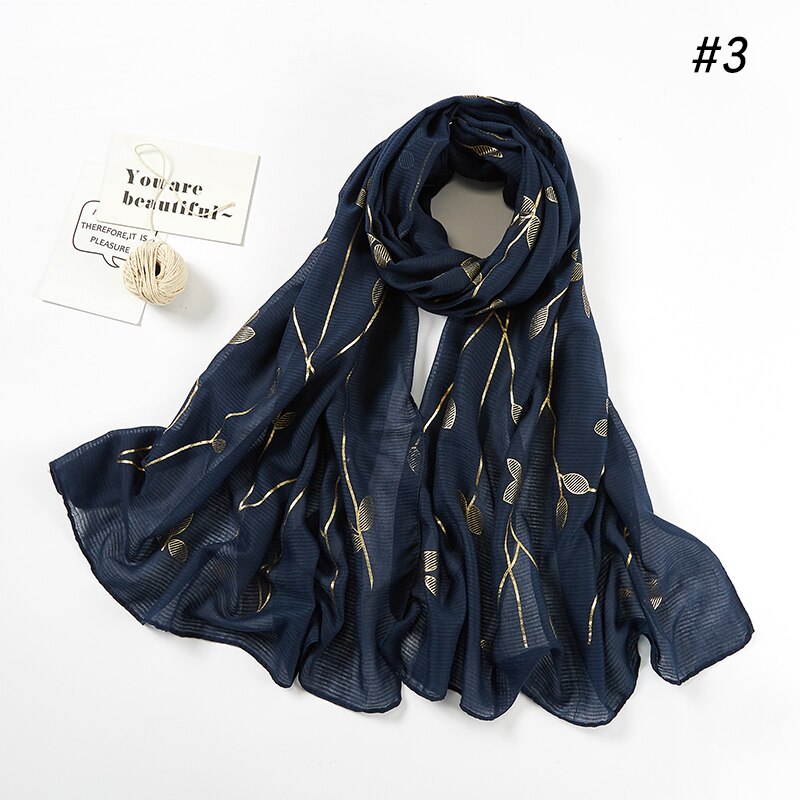 Heißer stanzen Gold Blatt aufbringen Hijab Schal Beliebte funkeln Blumen- Muslimischen Stirnband Kopf Wickeln Frauen Islamischen Schleier Turban Lange Schal: 3 Marine Blau