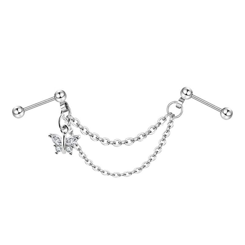 1pc Chain Earrings Stainless Steel Simple Industrial Piercing Love Heart Cartilage Helix Barbell Jewelry for Women: Antique Gold Plated