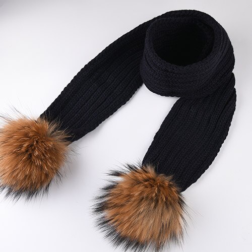FURTALK – écharpe tricotée à pompon en vraie fourrure pour enfants, pour filles et garçons, CH021: navy blue
