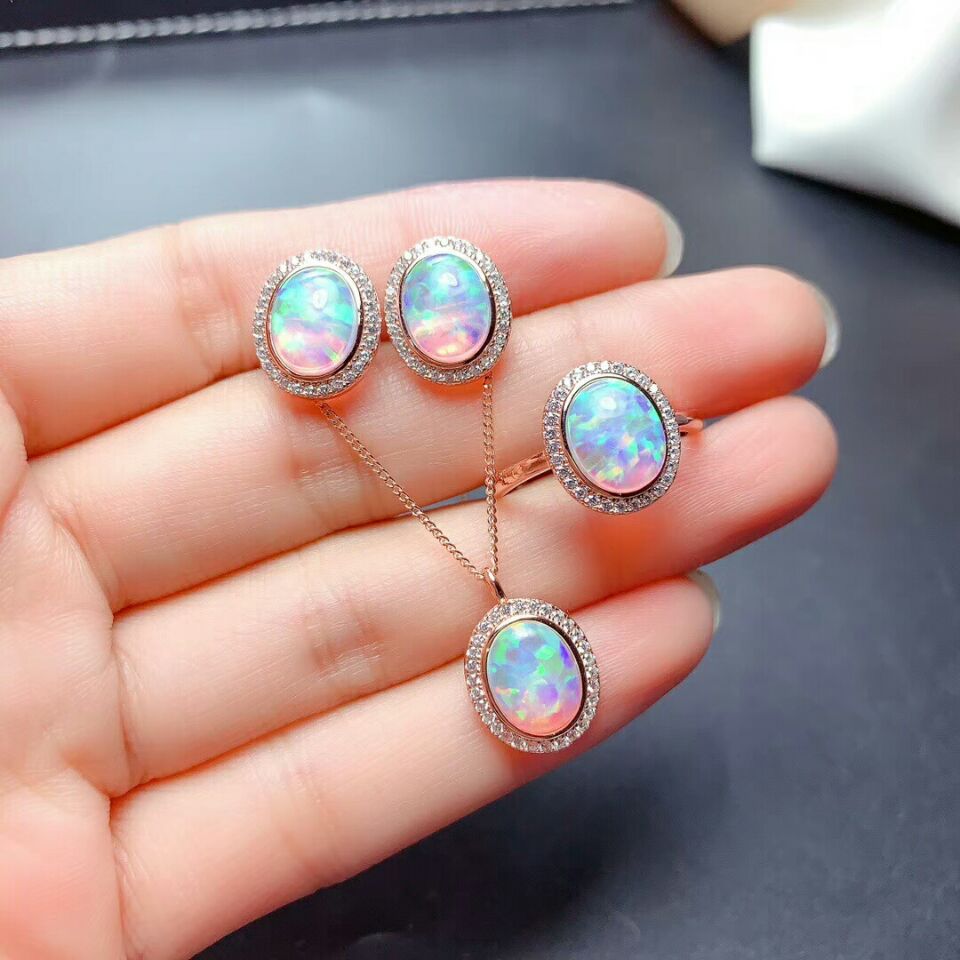 Meibapj naturlig opal ædelsten ellips øreringe ring og halskæde 3 stykke siut til kvinder ægte 925 sterling sølv fine smykkesæt