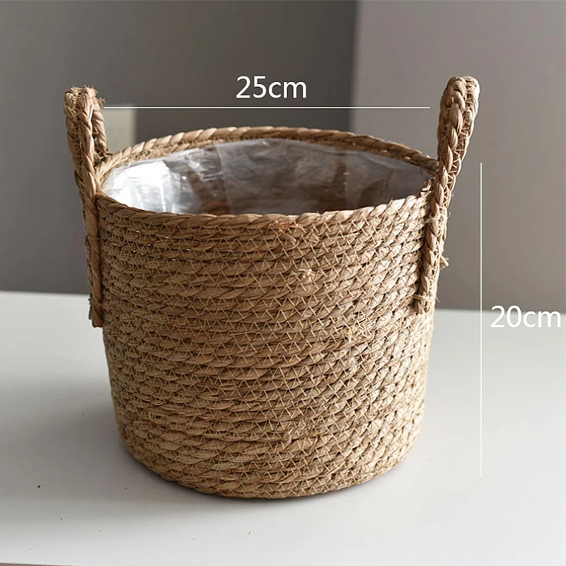 Cesta para macetero tejida hecha a mano, almacenamiento de ropa, paja decorativa, mimbre, algas marinas, maceta para jardín