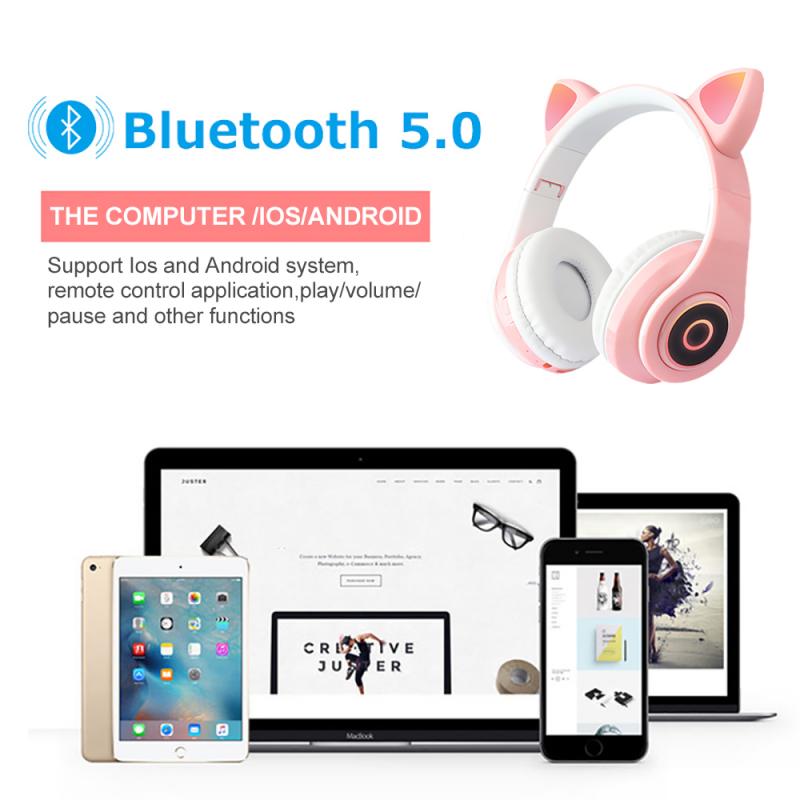 Led-kopfhörer mit blinklicht, kabelloser kopfhörer mit katzenohren, bluetooth-kopfhörer mit mikrofon, headset für handy und gaming