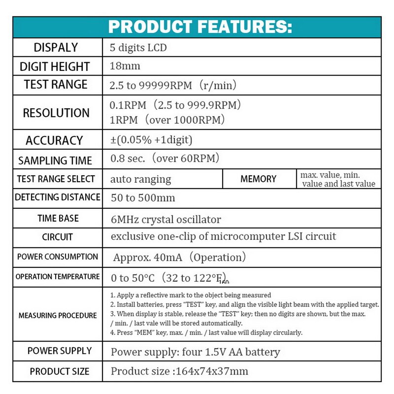 Digital Tachometer Easy To Carry Non-contact Digital Tach Meter Extra Large 5-digit LCD Display 2.5~99999 RPM Measure Range