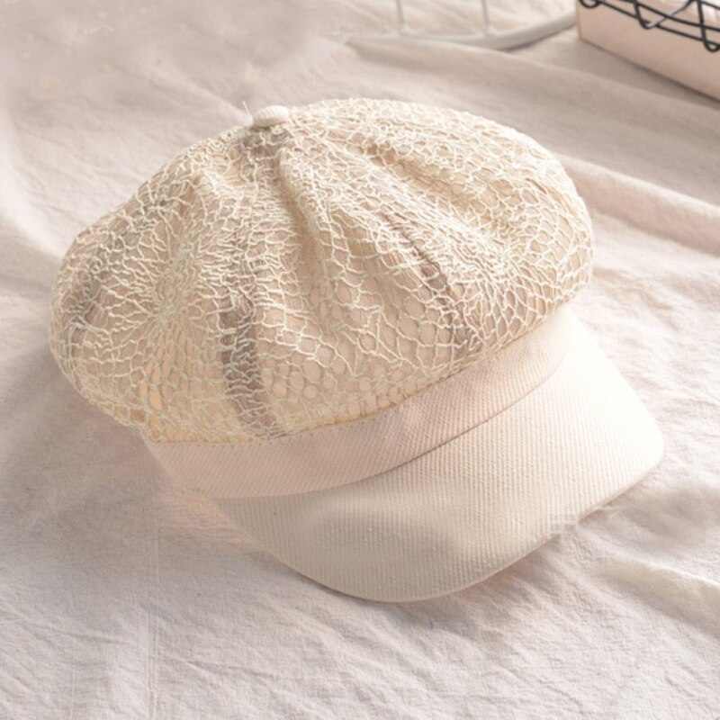 HT3207 Women Spring Summer Hat Ladies Breathable Lace Octagonal Newsboy Cap Vintage Artist Painter Beret Hat Retro Women Berets: Beige