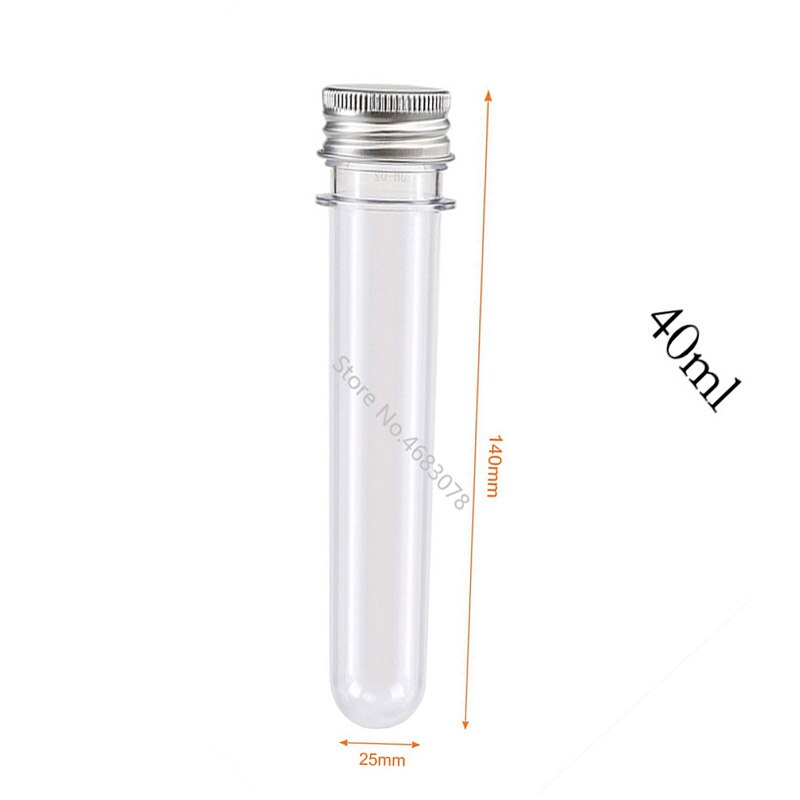 Tubos de ensayo transparentes de plástico con tapón de aluminio, botellas de 25x140mm, material escolar, equipos de laboratorio, 40ml, 50 Uds.