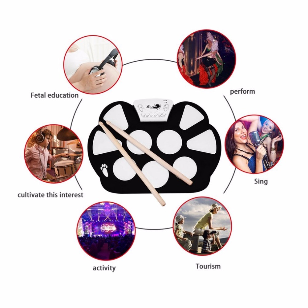 Roll up Drum Pad Kit Silicon Foldable with Stick Portable Drum Electronic Drum USB Drum