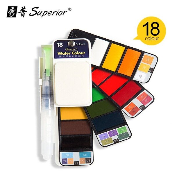 Superior 42Colors Big Set Solid Watercolor Paint With Water Brush Pen Foldable Travel Water Color Pigment For Beginner Student: 18 color set