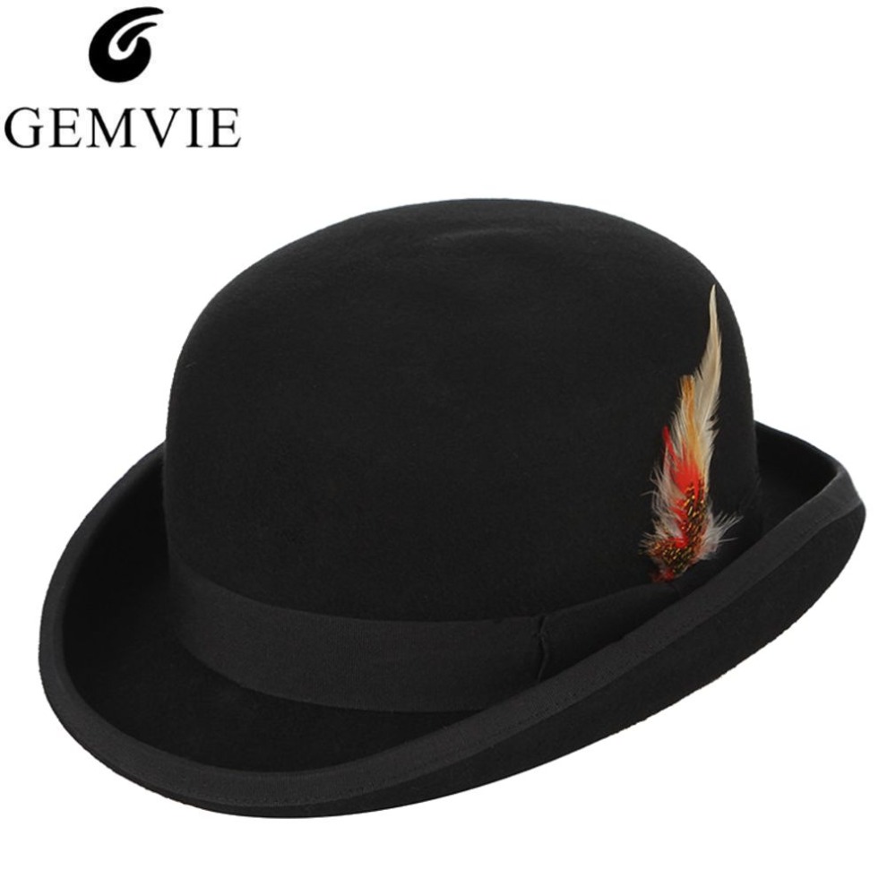 Gemvie 4 størrelser 100%  uldfilt sort derby bowler hat til mænd kvinder fjer satin foring afslappet formel fedora