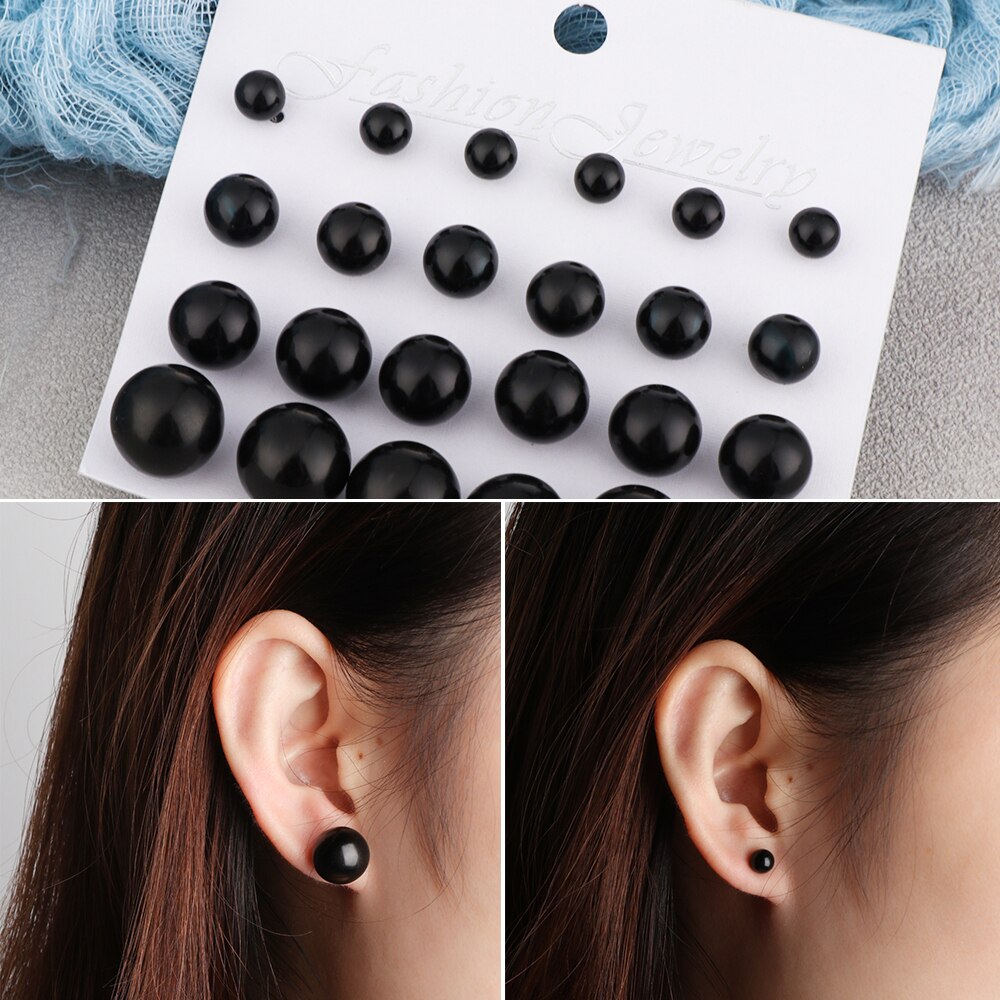12 Pairs Vrouwen Sieraden Op Oor Bal Stud Oorbellen Kit Zwart Beige Gesimuleerde Parel Oorbellen Set Voor Bijouteria Brincos Bijoux
