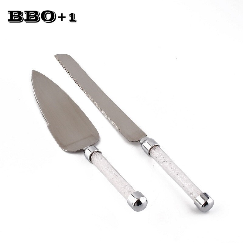2 stuks Zilveren Cake Knife Server Set Acryl Handvat Glazen Kristallijn Cake Spatel Wedding Party Rvs