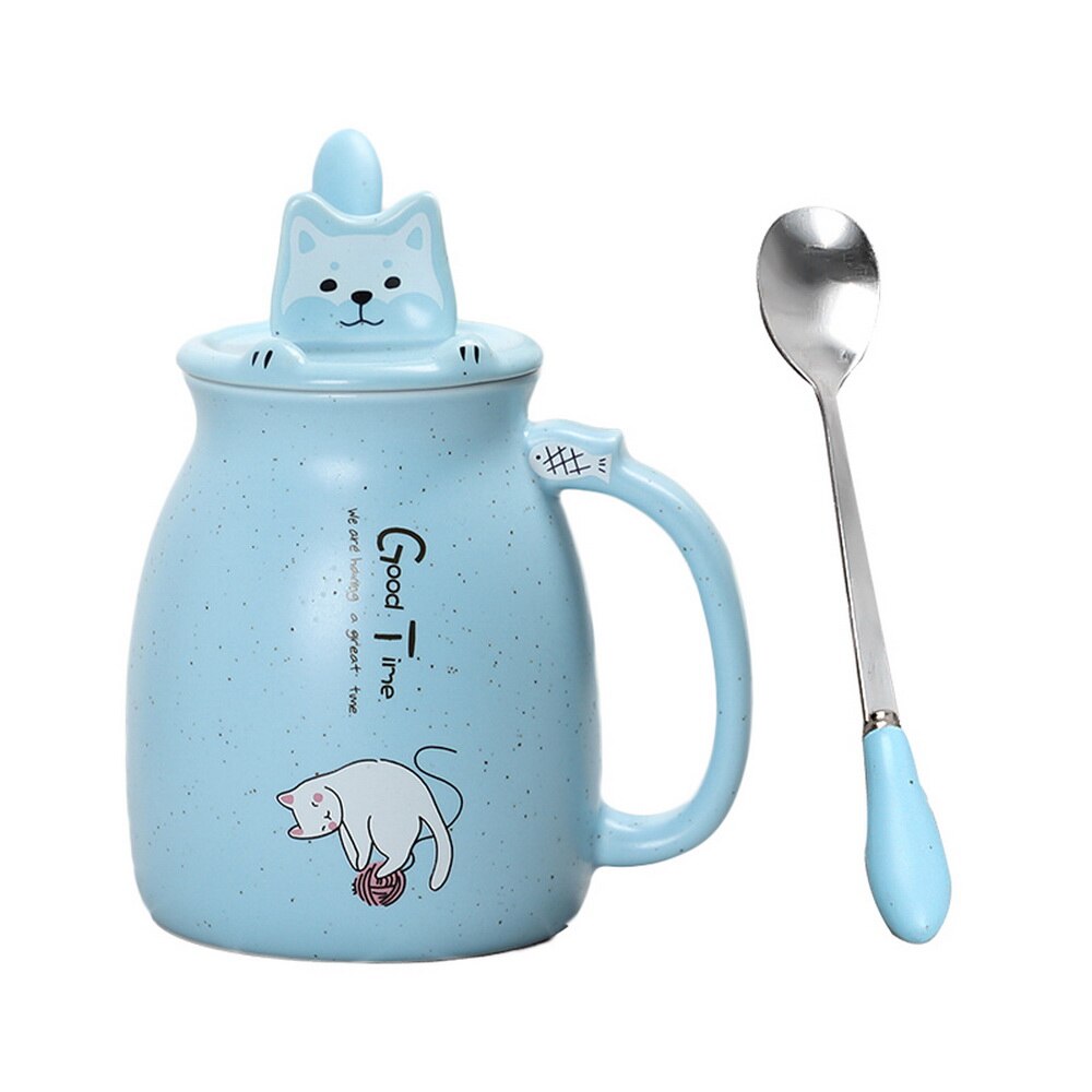 420ml Cute Cat Mugs With Spoon Coffee Tea Cups With Handle Resistant Mok Cup Set For Drinking Color Heat Resistant: blue with lid