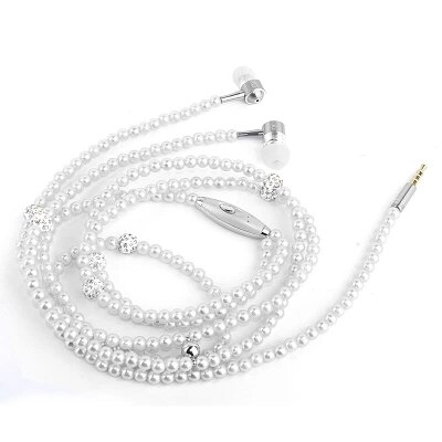 Pearl Necklace Earphone In-Ear Pink Rhinestone Necklace Jewelry Beads Earphones With Mic For Samsung Xiaomi Brithday Girls: White