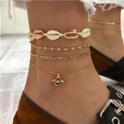 docona Bohemia Crystal Shell Honeybee Charm Anklets for Women Girls Goth Gold Chain Anklet Foot Jewelry Pulseras 4pcs/set 7117: Default Title