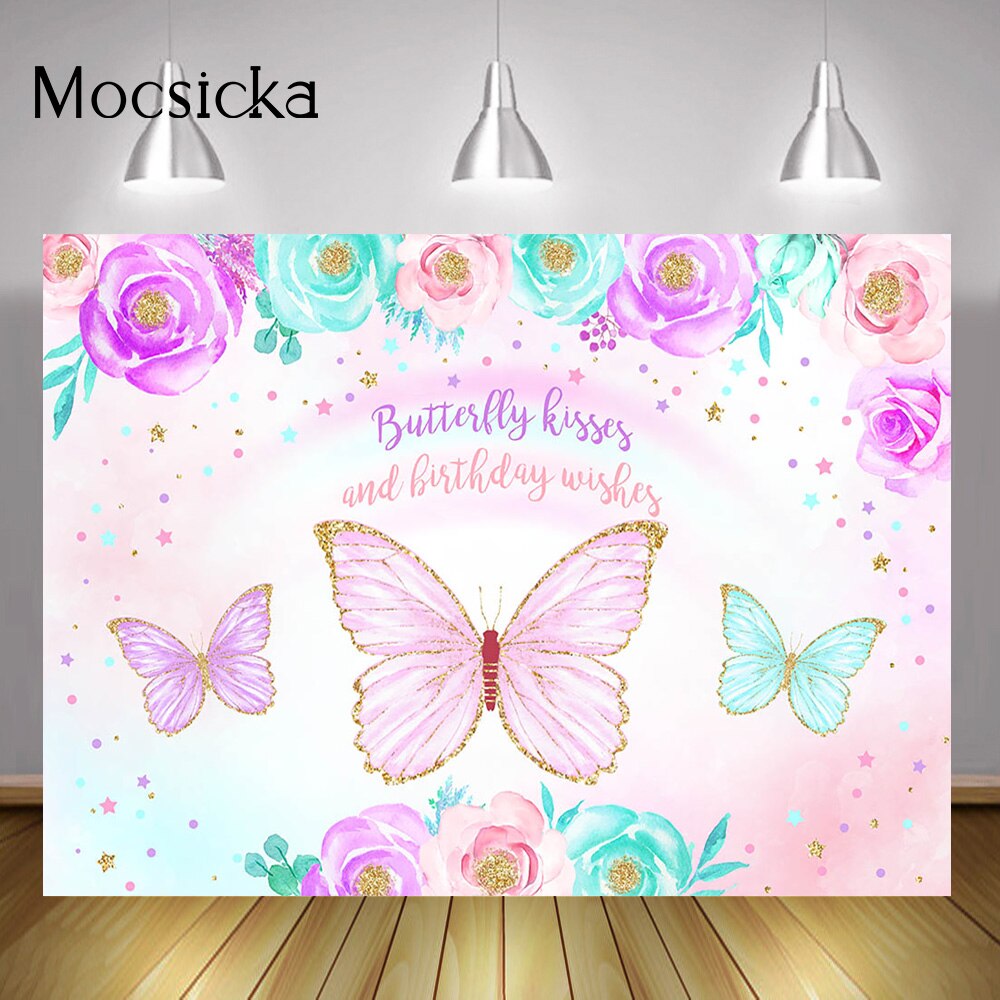 Embrasses papillon et vœux d'anniversaire, décor aquarelle, fleurs papillon elfes, arrière-plan, fournitures de Smash de gâteau d'anniversaire pour fille
