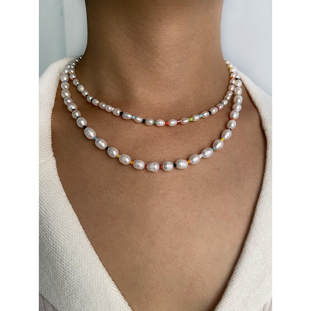Peri'sbox Pearl Necklace - Rainbow Acrylic Beads & Baroque Freshwater Pearls - Summer Beach Choker for Women