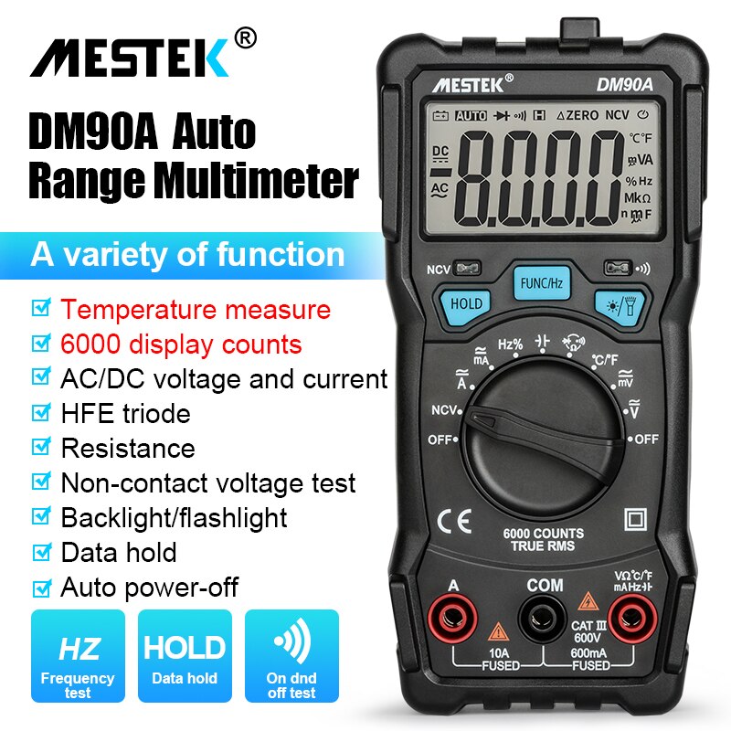 NCV Digital Multimeter 6000 Counts Auto Ranging AC/DC Voltage Meter Flash Back Light Large Screen digital multitester: DM90A