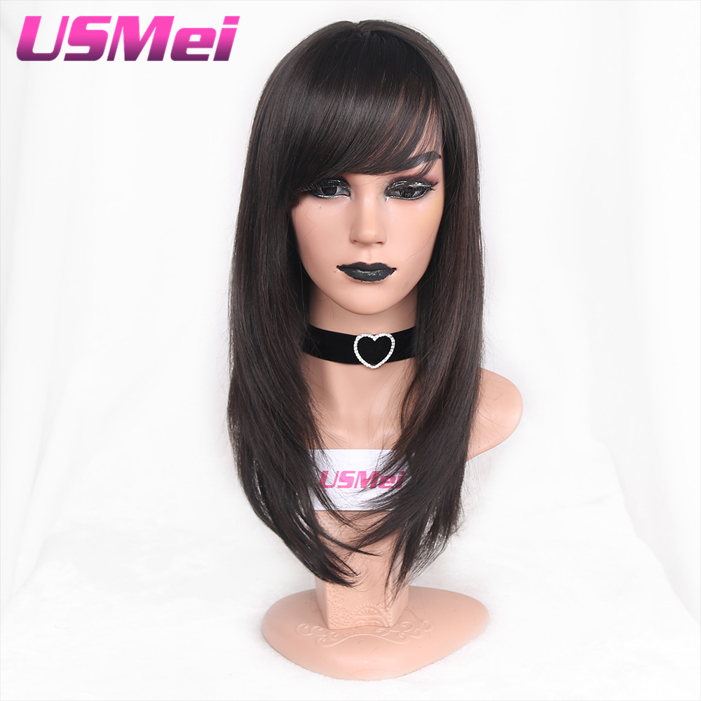 USMEI Haar 22 inch Natuurlijke Rechte Synthetische Pruik met Pony kant Zwart bruin Lange Pruiken voor Vrouwen Hittebestendige vezel haar