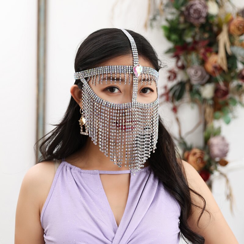 Mavedans ansigtsmaske metal diamant kædeslør indisk dans kvindelig voksen high-end ansigts cover performance tilbehør: Sølv ansigtsmaske