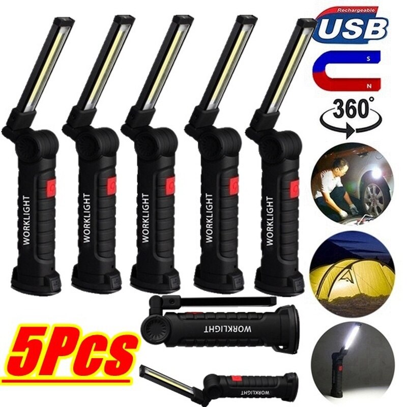 USB Rechargeable COB LED Flashlight Work Light Inspection Light 5 Modes Tail Magnet Hanging Torch Lamp Waterproof