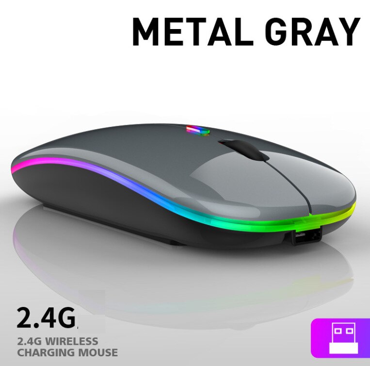 Bluetooth 5.0 Dual-Mode Charging Mouse Mute Notebook Game Female Student 2.4G Wireless Mouse Luminous DPI 1600: 2 4G Emitting Metallic Gray