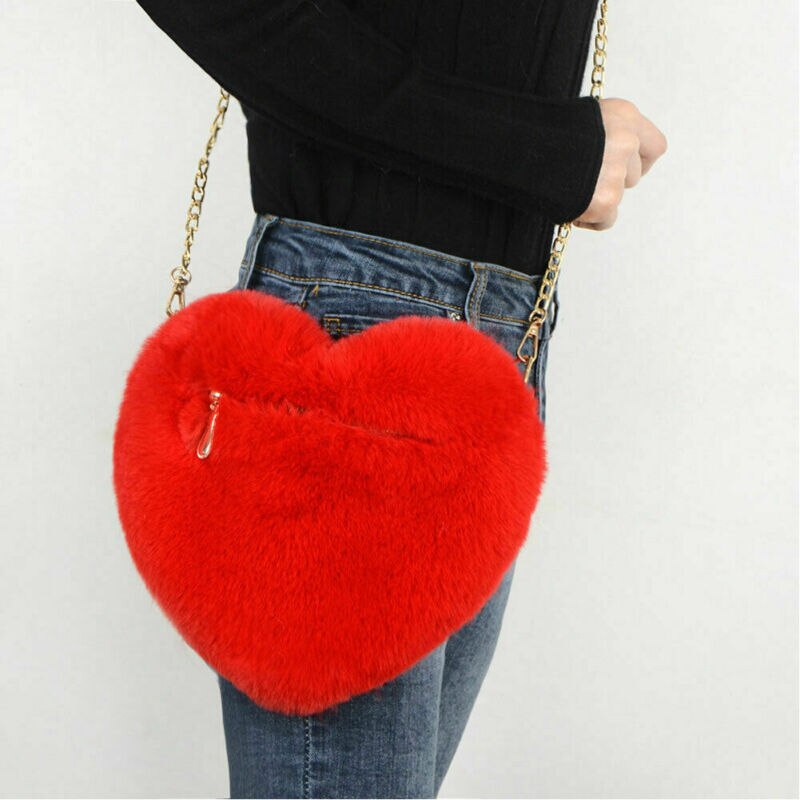 Offre spéciale femmes en peluche amour poilu sac en forme de coeur saint valentin en forme de coeur sac femme chaîne sac de messager