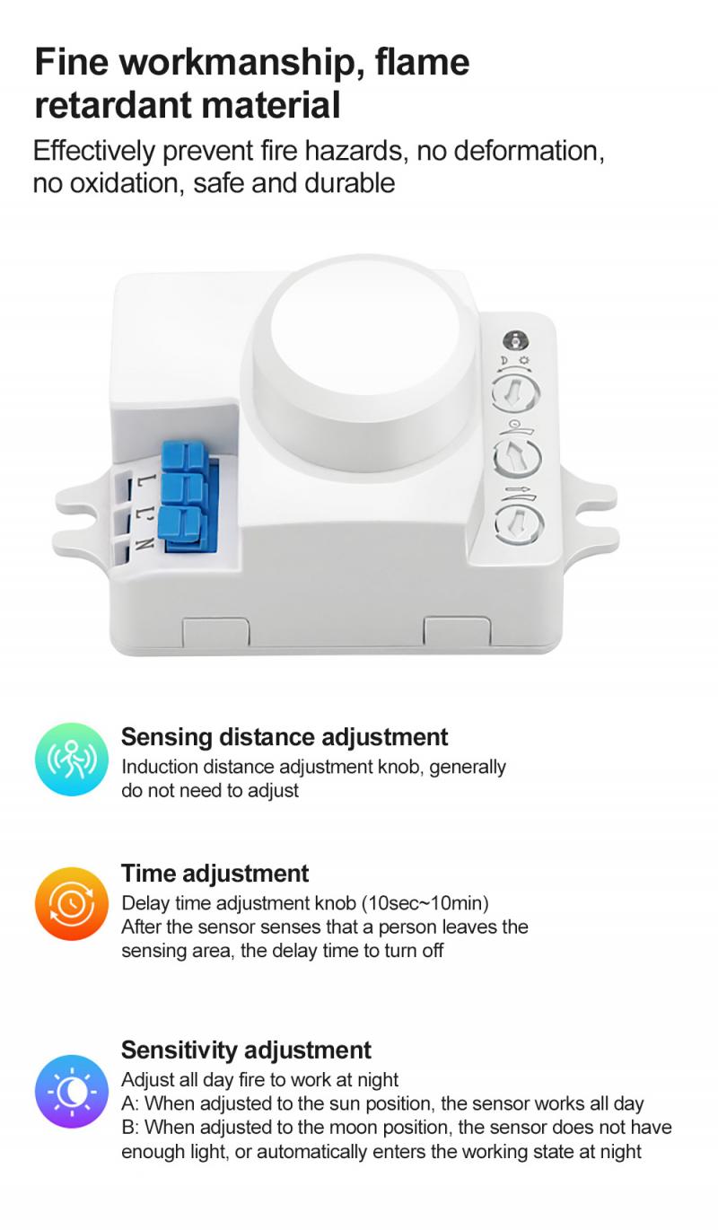 5.8G Microwave Light Control Sensor Switch Sensory Switch Dimming Sensitivity Adjustment Delay Motion Detection Light Controller