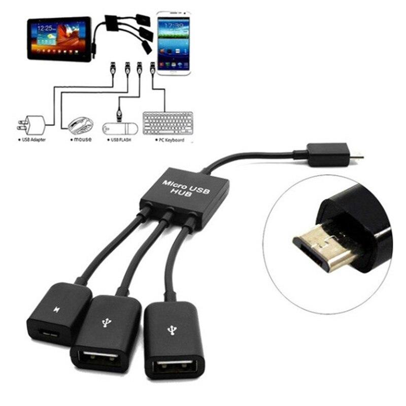 3 in 1 Micro USB Host OTG Lading Hub Cord Adapter Splitter voor Android Smartphones Tablet Zwarte Kabel 20cm