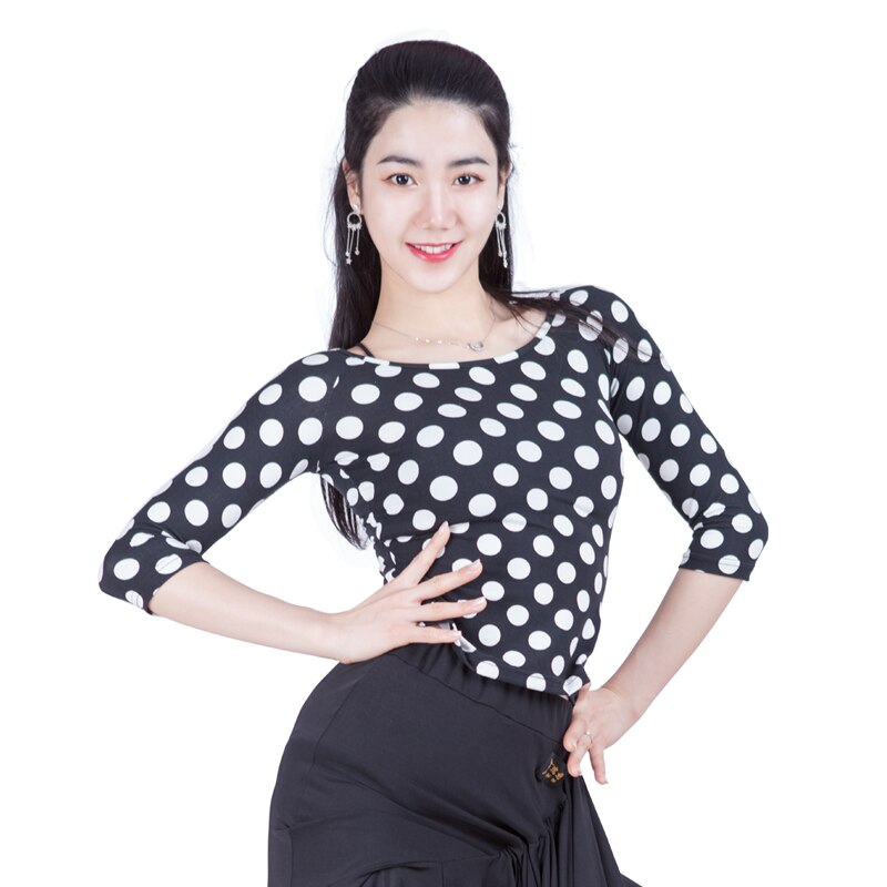 Camisetas de práctica para adultos bailarín latino, ropa de baile moderno con cuello redondo de punto blanco para mujer, Rumba, Tango, Samba, Salsa, VO1312