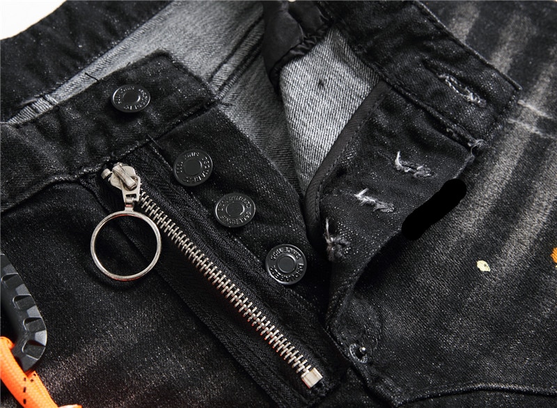 Skinny jeans herre strækprintede ripped sorte jeans til mænd maling bukser splejs streetwear efterår vinter hip hop