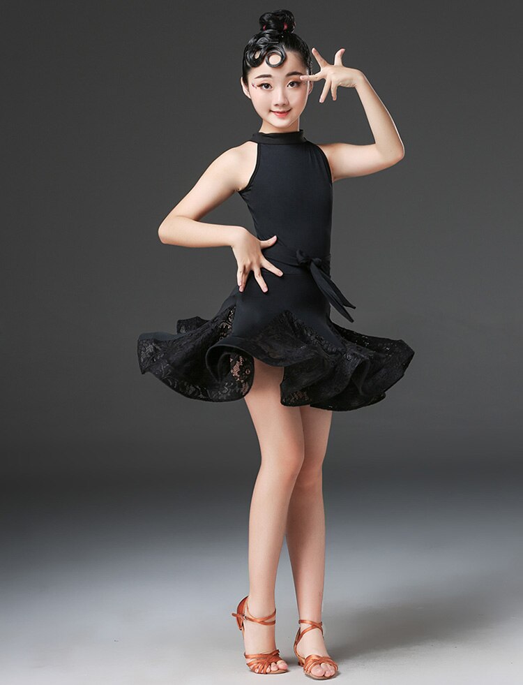 Lace Latin Dance Dress For Girls Child Salsa Tango Ballroom Dancing Dress Competition Costume Kids Practice Dance Clothes