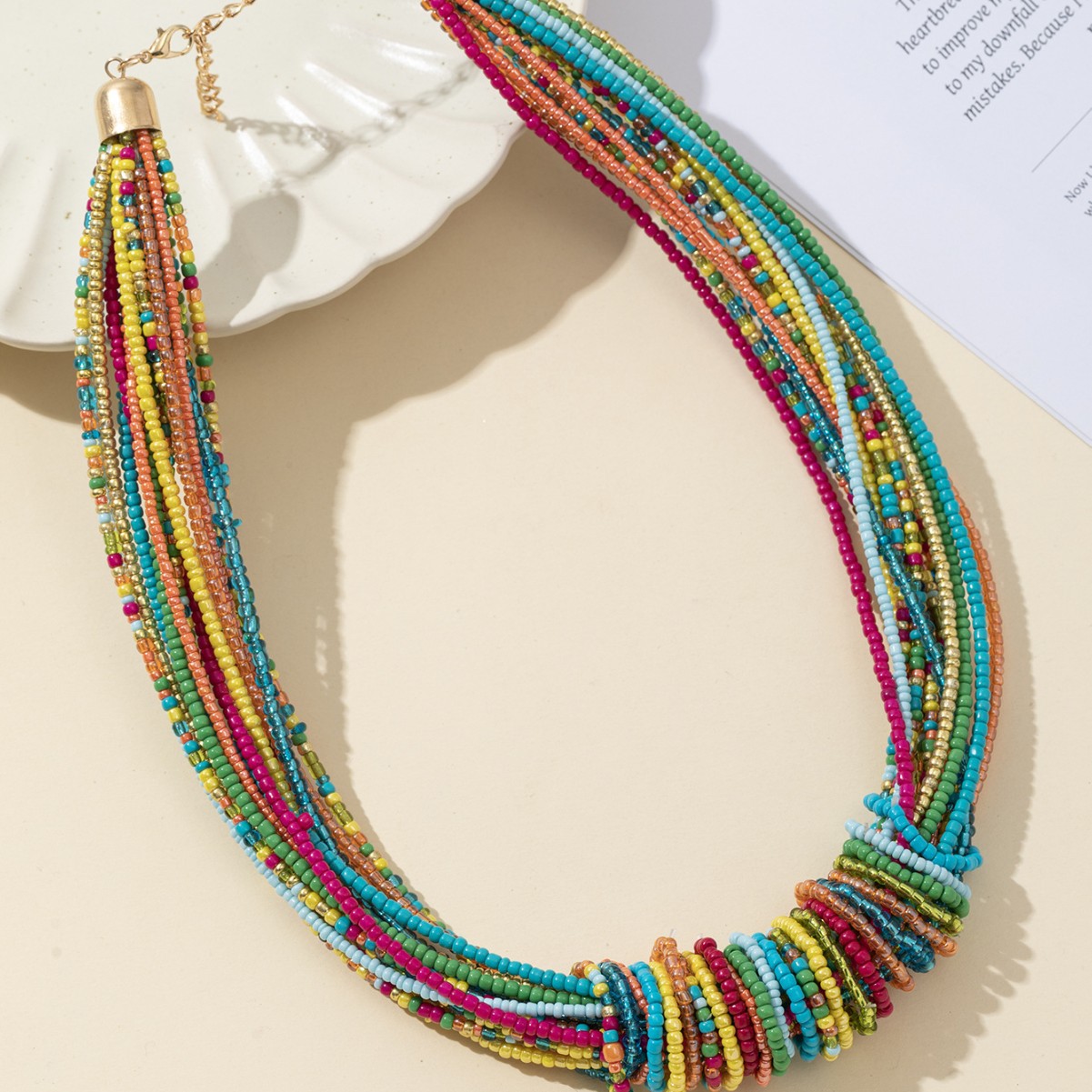 Collar bohemio de cuentas de arroz multicapa colorido para mujer, Color caramelo Vintage, vacaciones de verano, abalorio de playa, de joyería