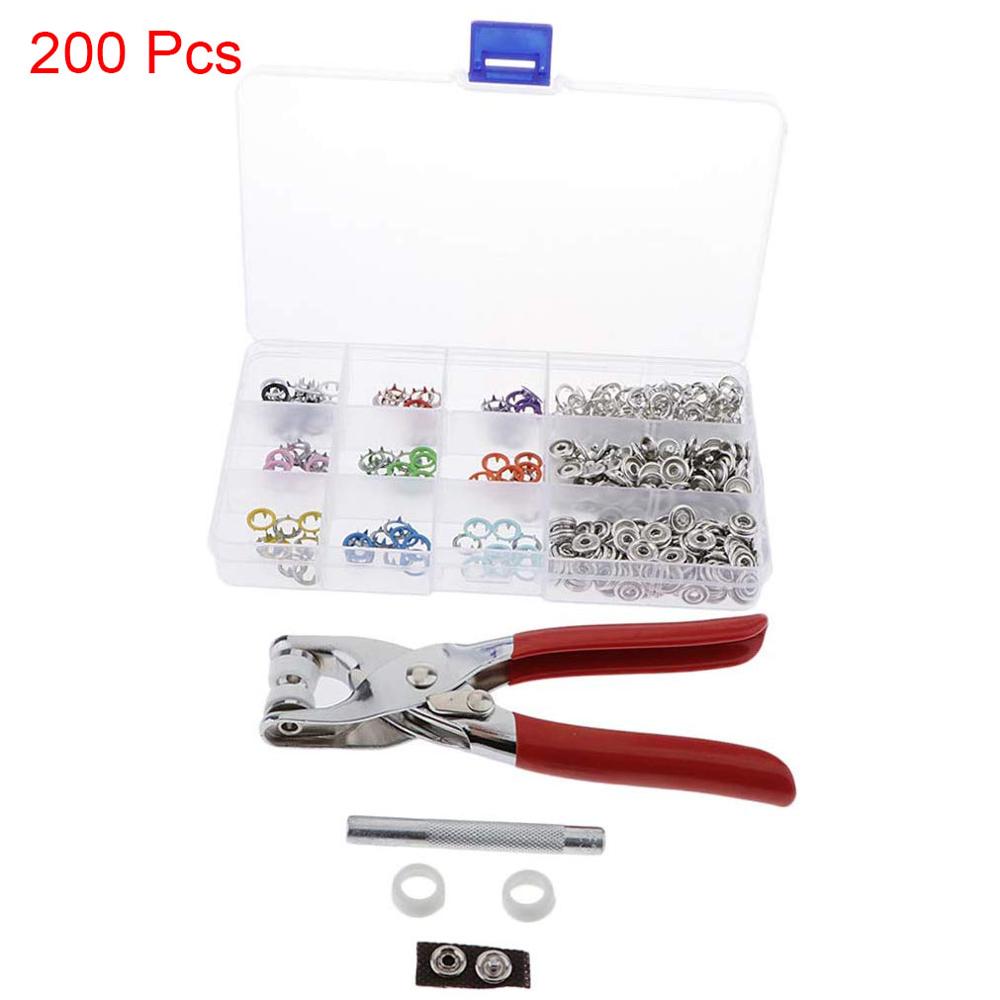 9,5mm 100/150/200 juegos 10 colores botones para costura de Metal clavija de prensa de anillo cierres a presión + Clip alicates, sujetadores para ropa: 200