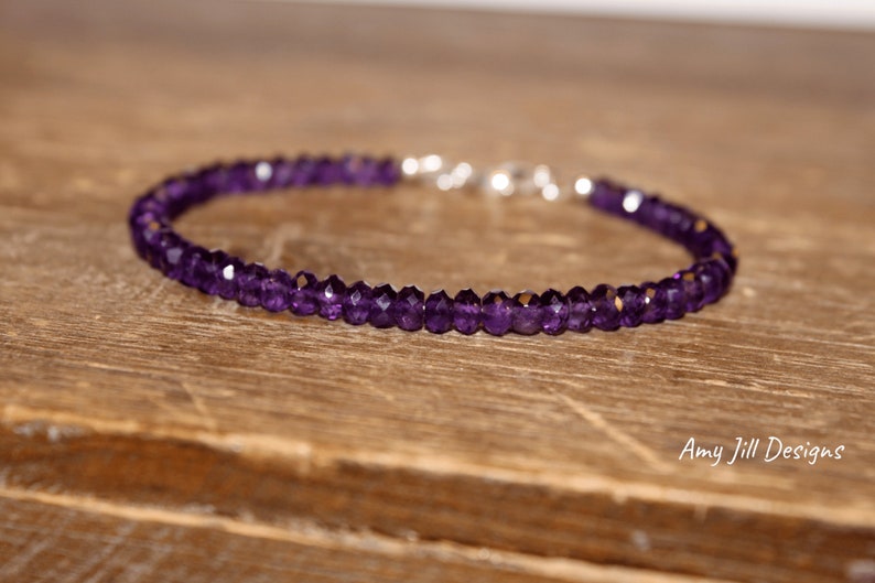 Amethist armband, Amethist sieraden, februari geboortesteen, sterling zilveren kralen, paarse edelsteen