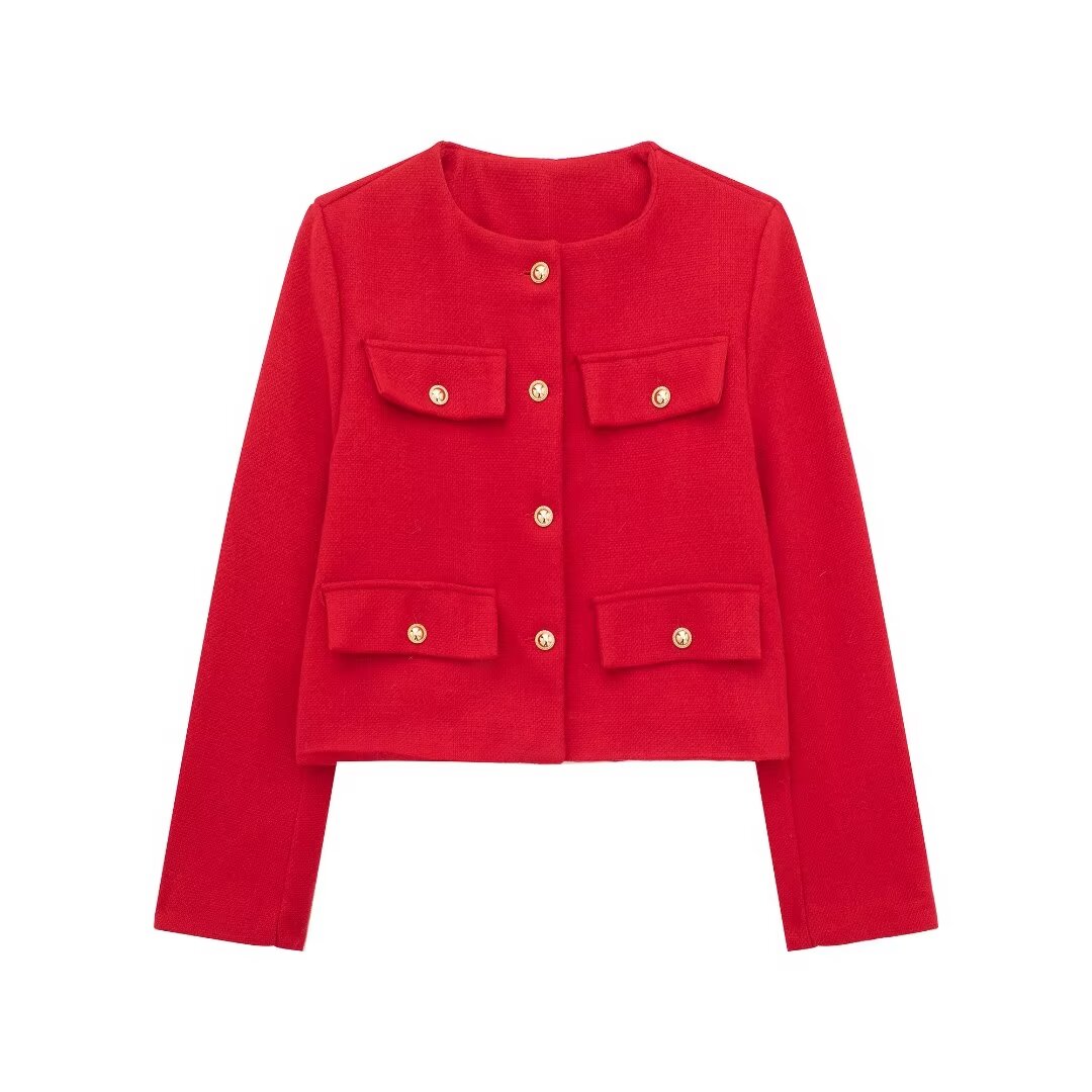 Trafza kvinder bomber cropped jakker dame blazer med gyldne knapper forår dame chic streetwear outwear top: L / Rød