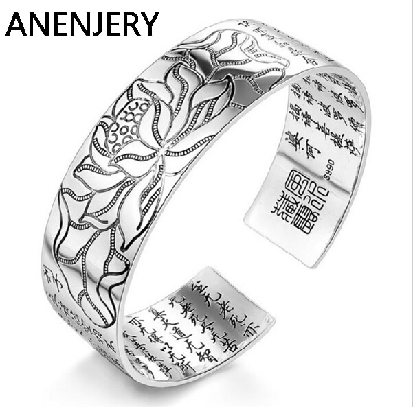 Anenjery Lotus argent couleur manchette bracelets bracelets tibétains bouddhistes écritures langue femme main bijoux S-B03