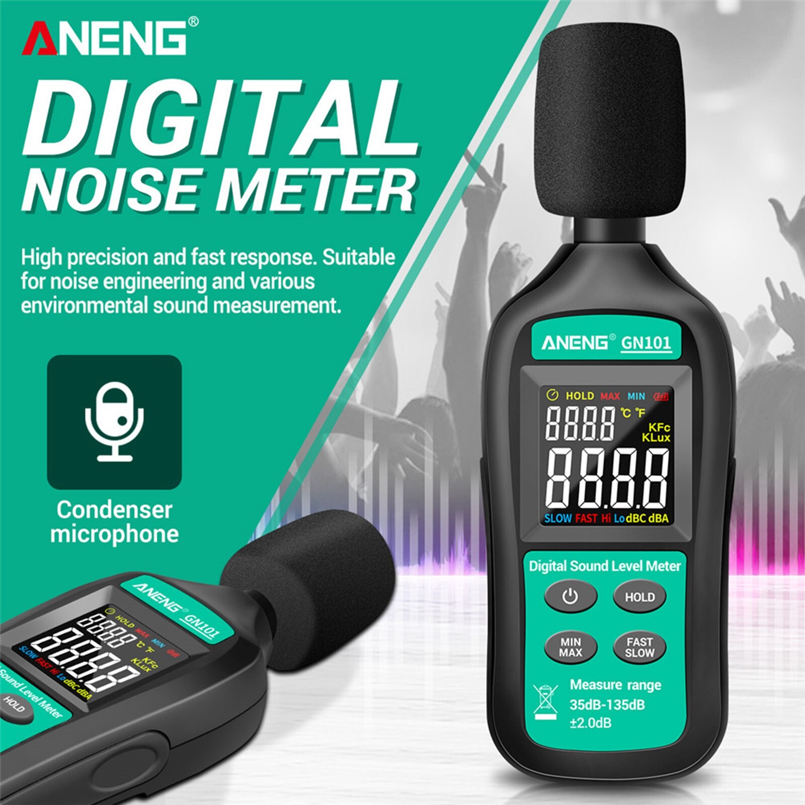 Aneng GN101 Digital Sound Level Noise Meter Meting 35-135db Decibel Detector Audio Tester Mini Sound Meter Sonometros