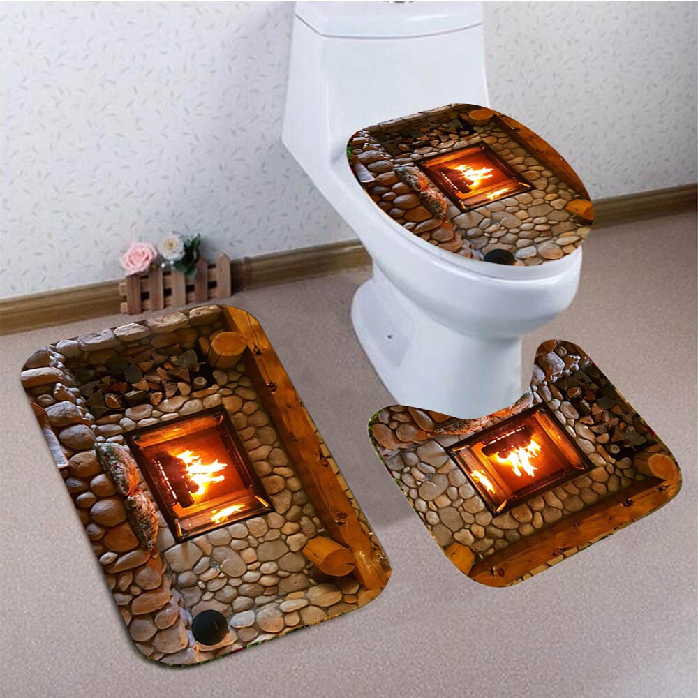 Merry Christmas Shower Curtain Set with Rugs Waterproof Curtain Bathing Screen Anti-slip Toilet Lid Cover Rugs Bathroom Decor: 3 PCS Mats - C