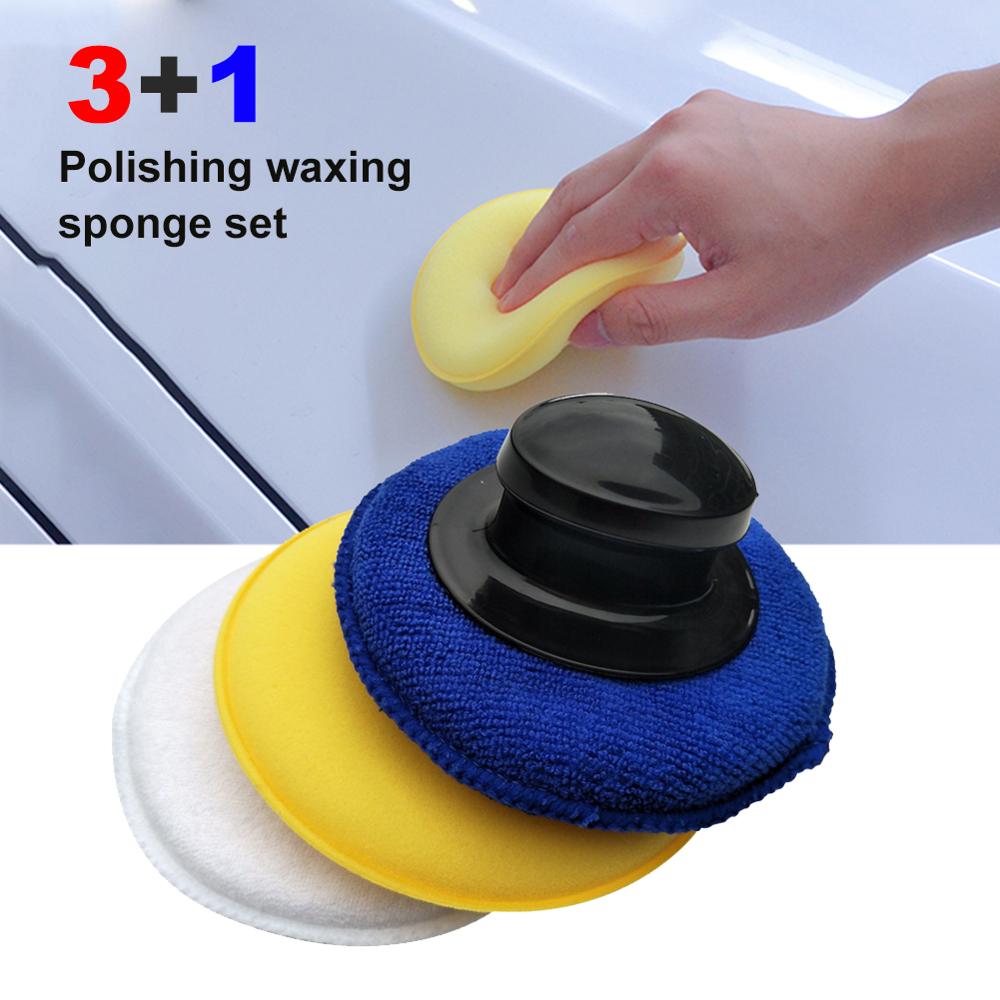 Esponja para encerar y pulir, conjunto de microfibra antiarañazos para el cuidado de limpieza del coche, esponja de pulido con mango, almohadilla de encerado, 3 + 1