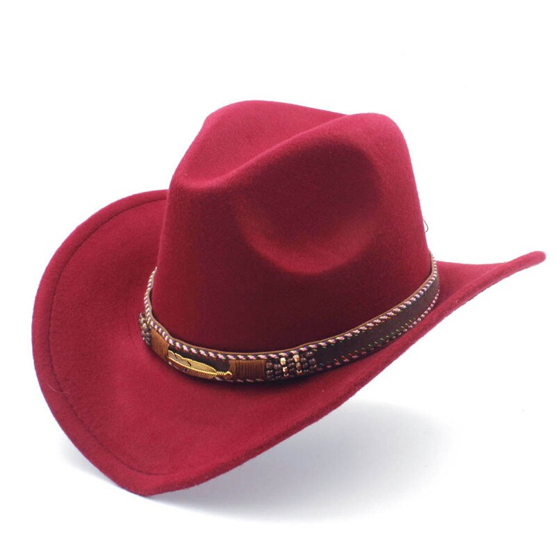 Menns ull vestlig cowboyhatt til herre dame vinter høst jazz cowgirl cloche sombrero caps med belte: Vinrød