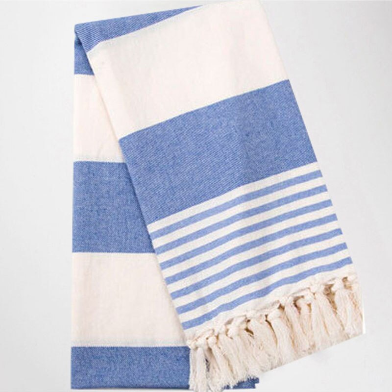 Gestreepte Katoenen Turkse Sport Badhanddoek Met Kwasten Reizen Gym Camping Bad Sauna Beach Gym Zwembad Deken Absorberende Easy Care: Blue