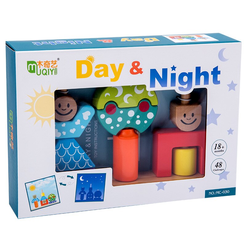 Educatief Houten Speelgoed Dag En Nacht Pijler Blokken Vroeg Leren Speelgoed Voor Kids Baby Verjaardag Kerstcadeau: WITH BOX