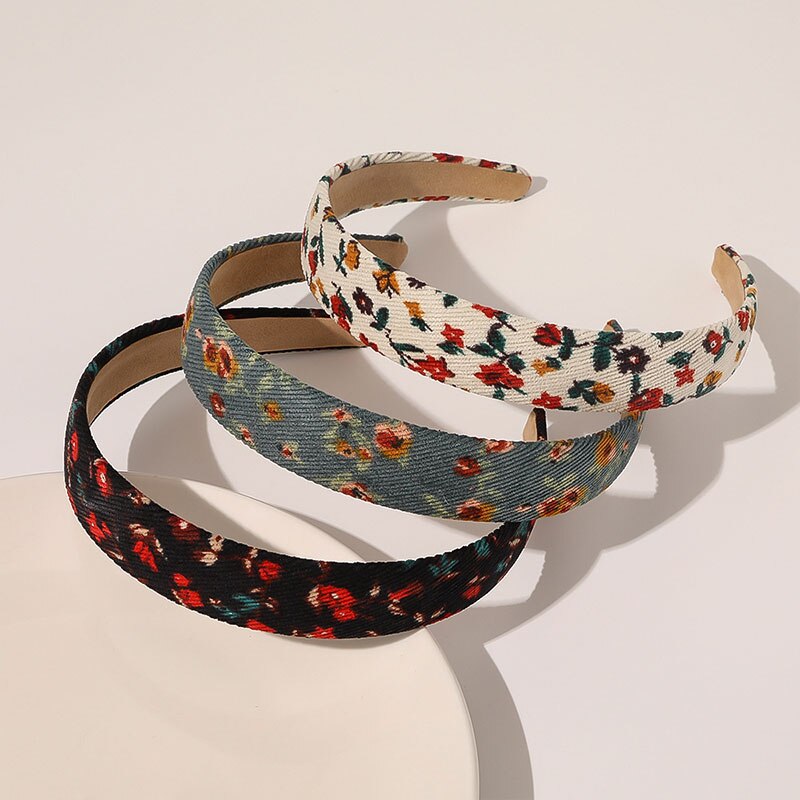 1Pc Corduroy Vrouwen Hoofdband Plaid Gestreepte Bloemen Printing Brede Hoofdband Vintage Stretch Tulband Haarband Vrouwelijke Hoofd Hoepel