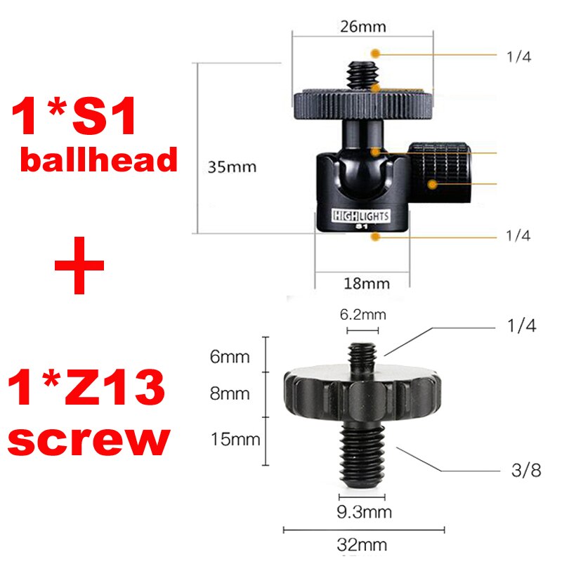 1/4 to 3/8 schroef snelspanadapter montage basis statief centrale as centrale buis lagerplaat en kogelkop verbinden monopod: 1 s1 balhoofd 1 z13