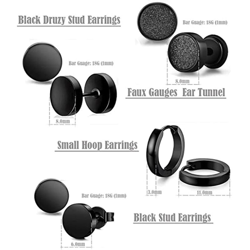 4 Pairs Mens Black Round Disc Huggie Hoop Stud Earrings Stainless Steel Faux Gauges Ear Tunnel Piercing Hypoallergenic Jewelry