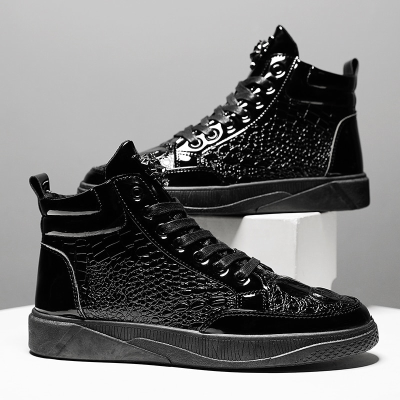 Mannen Herfst Lente Krokodil Patroon Enkellaarsjes Flats Schoenen Hoge Top Zwart Casual Schoenen Mannen Vulcaniseer Sneaker Zapatos De mujer
