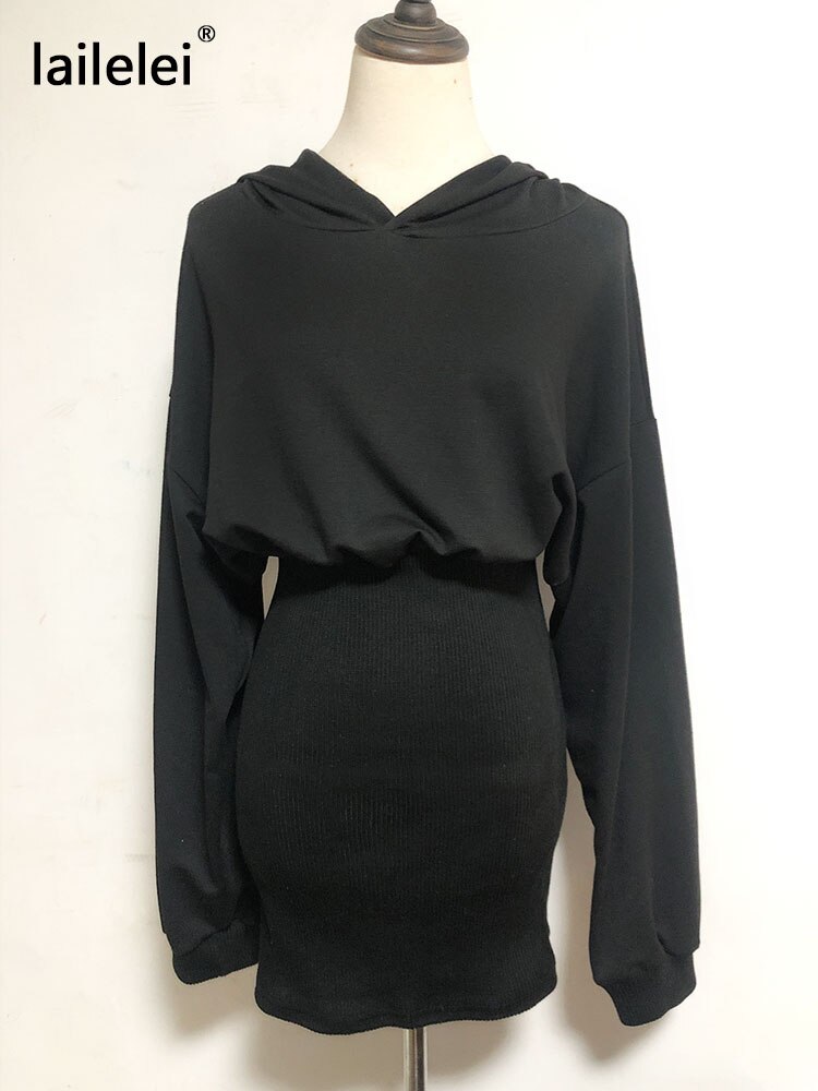 Hoodies sweatshirt stickad klänning mini svart långärmad bomull vinter vestido corto casual koreansk harajuku höstrock femme