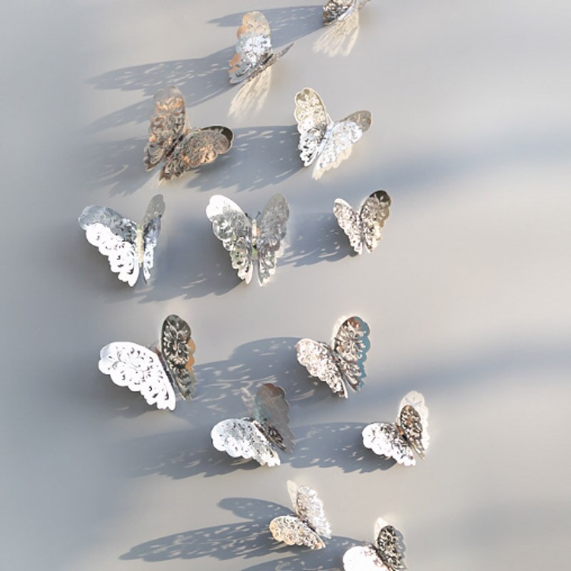 12 unids/lote de calcomanías de mariposa 3D doradas y plateadas para pared, calcomanías artísticas para el hogar, pegatinas para pared, decoraciones para exhibición de mariposas para fiestas y: A-silver