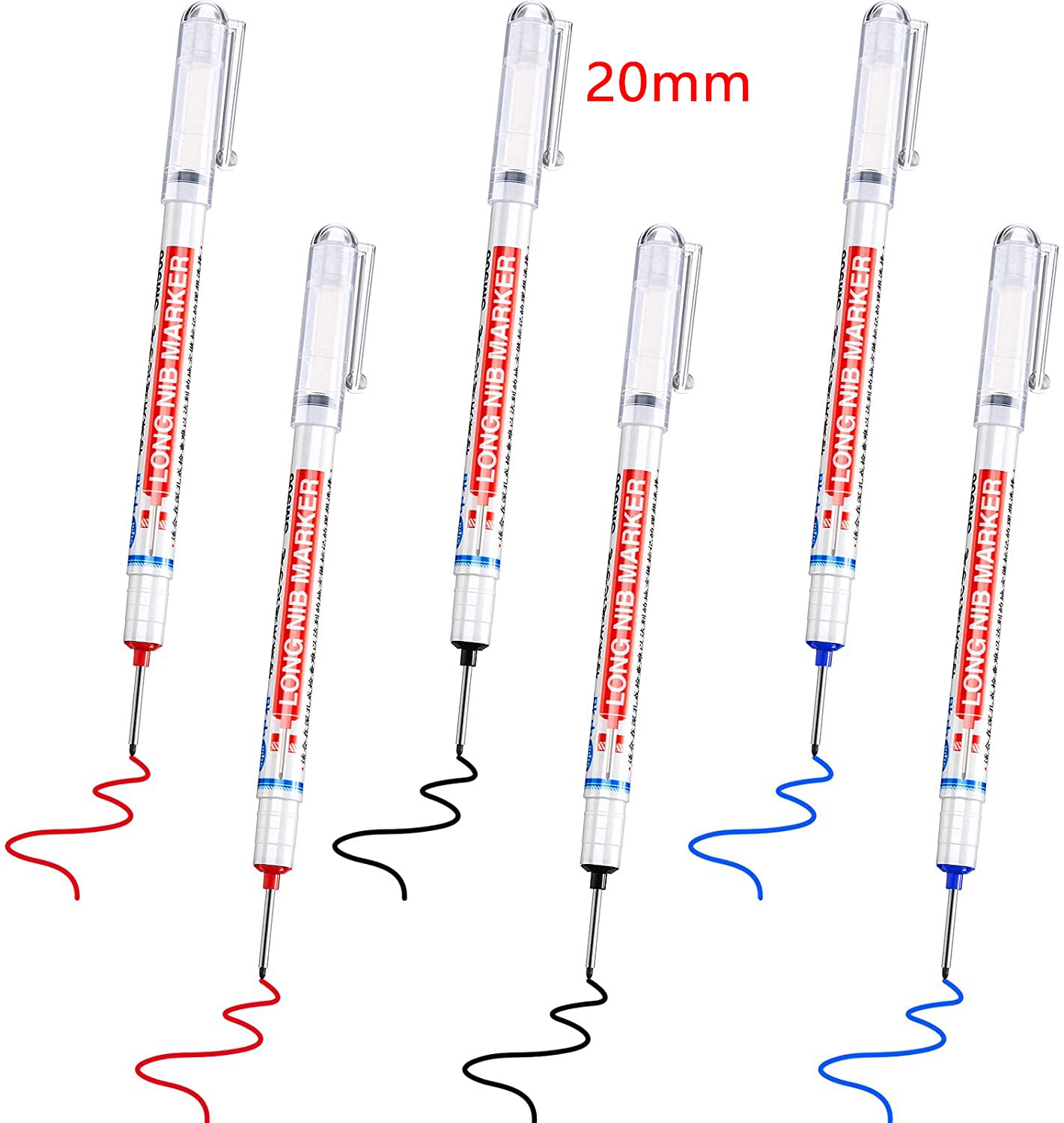 6 pcs Deep Hole Marker Pens Deep Drill Hole Long Nib Marker Pens Carpenter Pen for Bathroom Woodworking, Red Black Blue: set2